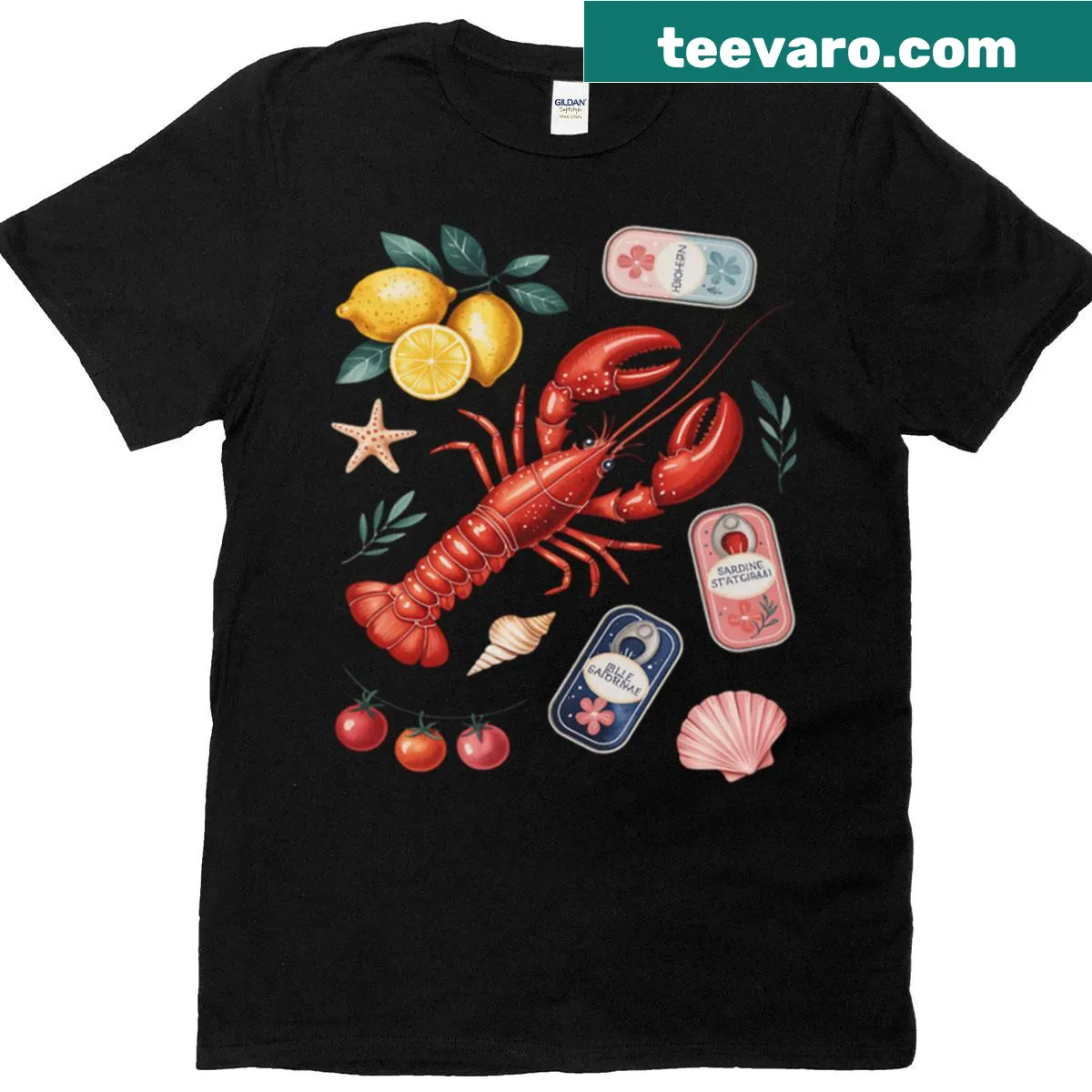 Cartoon fisherman T-shirt with a whimsical sardine design — on a men's t-shirt