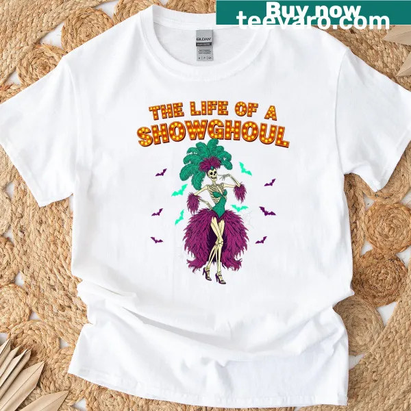 Retro t-shirt with a skeleton showgirl graphic for Halloween