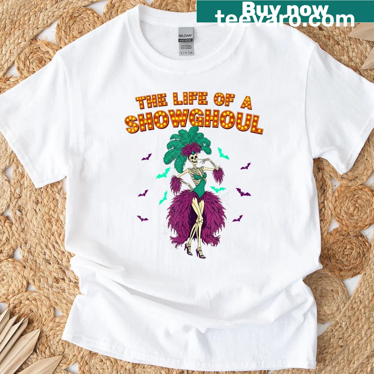 Retro t-shirt with a skeleton showgirl graphic for Halloween — on a men's t-shirt
