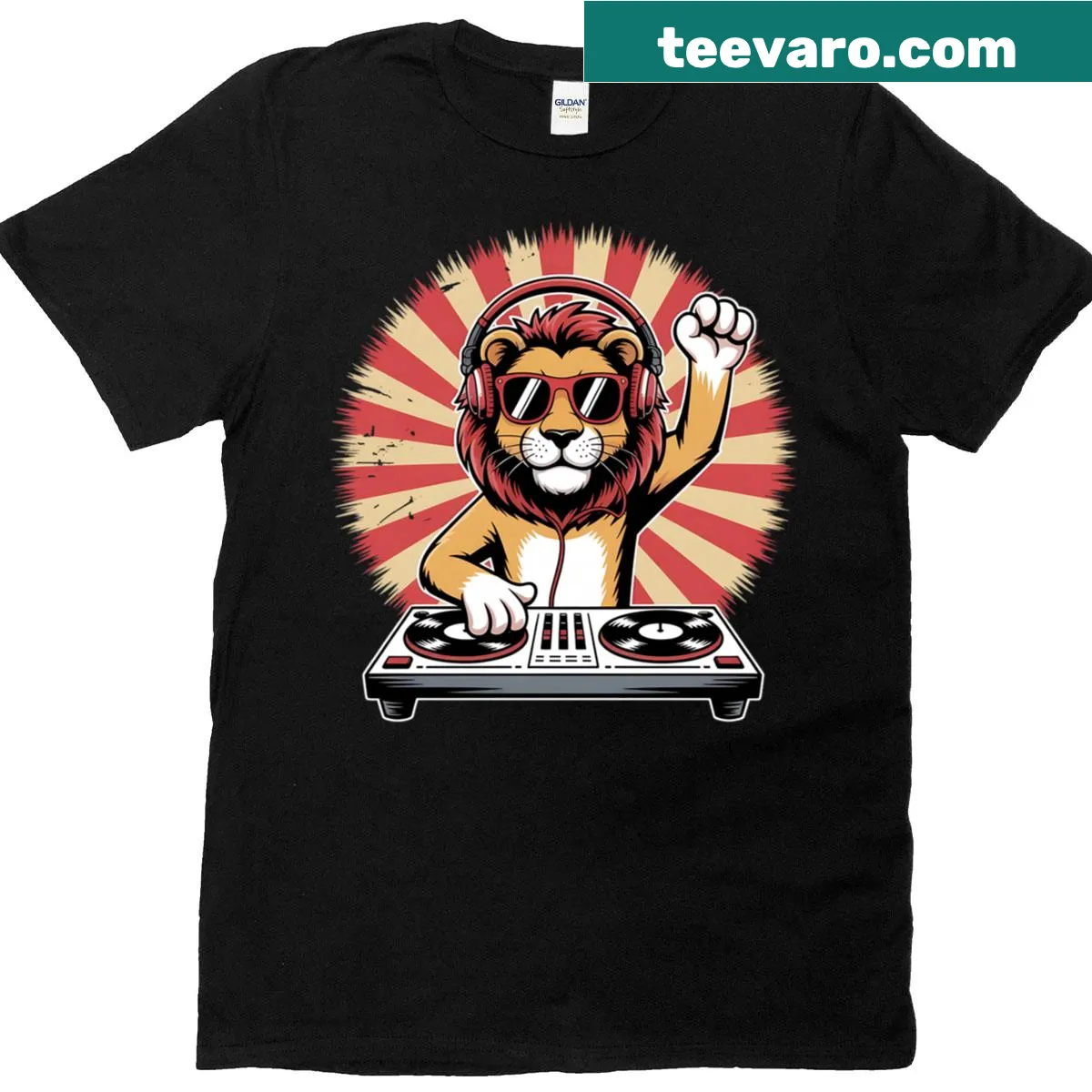 Retro Lion DJ graphic on a music-themed T-shirt — on a men's t-shirt