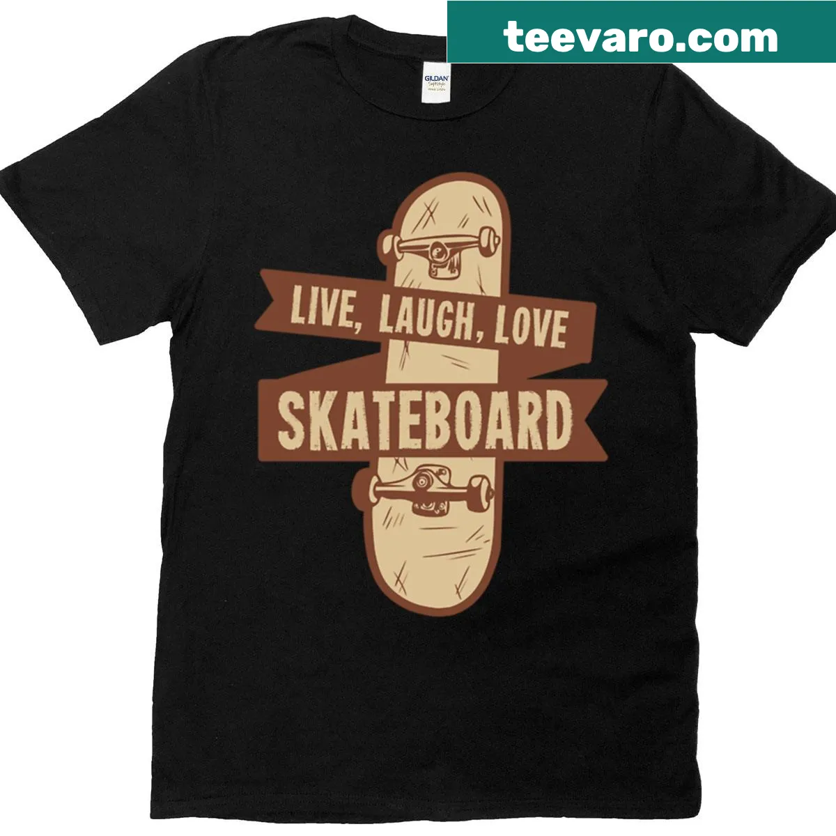 Skateboard themed 'Live Laugh Love' graphic t-shirt — on a men's t-shirt