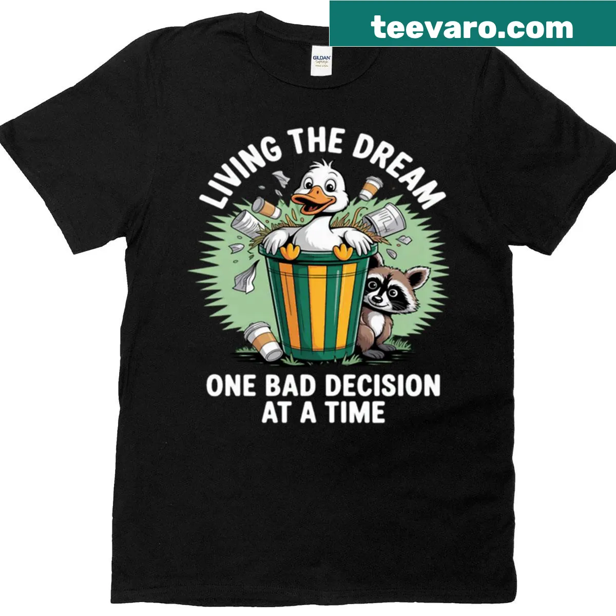 Playful t-shirt with duck and raccoon illustrations and humorous text. — on a men's t-shirt