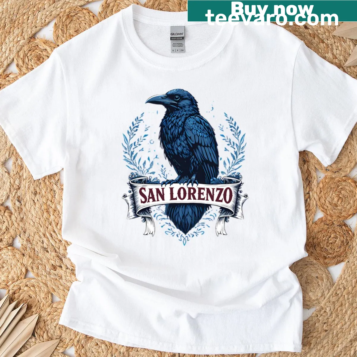 Illustrative t-shirt with Cuervo Boedo logo and raven design — on a men's t-shirt