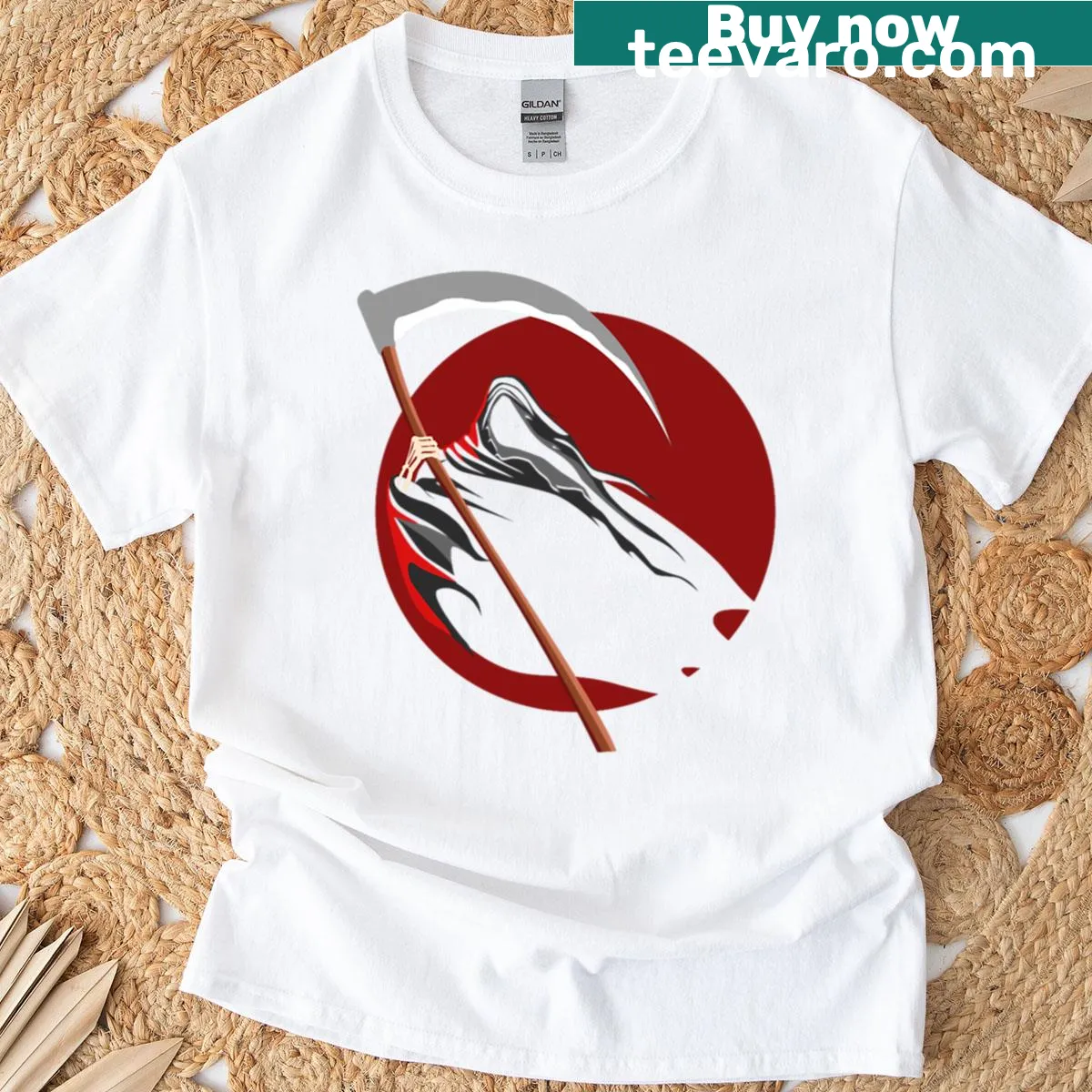 Gothic illustration of the Grim Reaper as an angel on a t-shirt — on a men's t-shirt