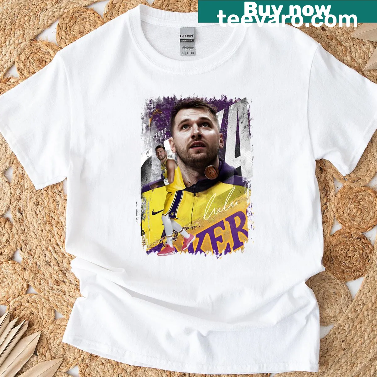 Luka Doncic t-shirt featuring an illustration of the player — on a men's t-shirt