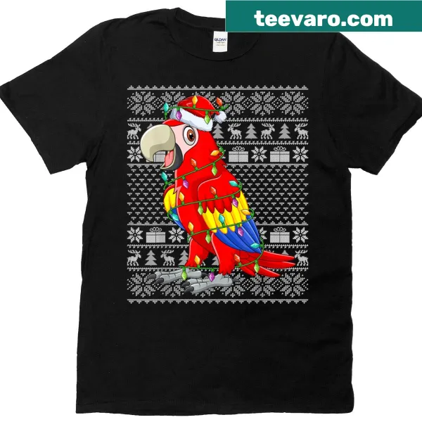 Funny T-shirt with cartoon macaw and Christmas lights design