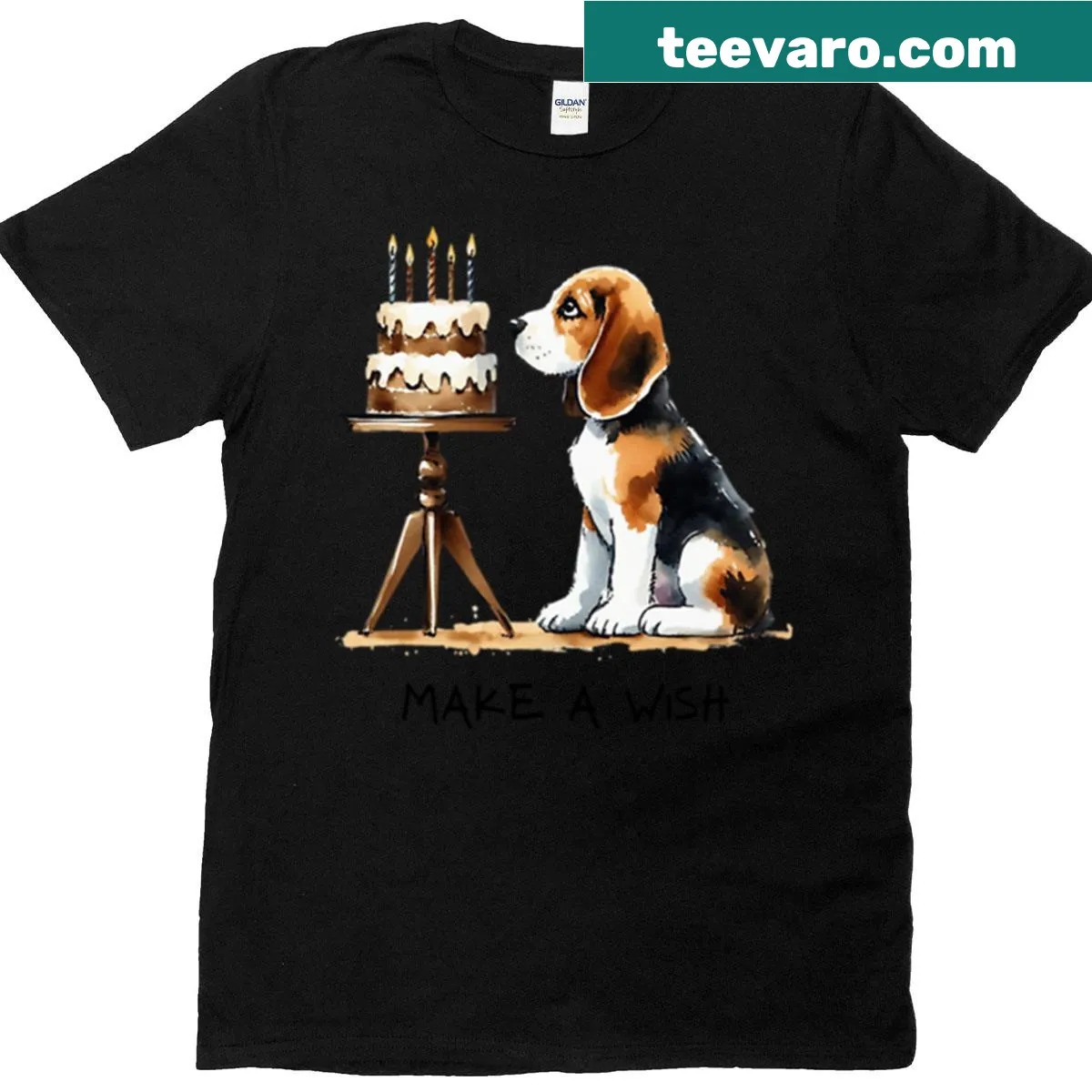 Illustrated T-shirt featuring a beagle with 'Make A Wish' text — on a men's t-shirt