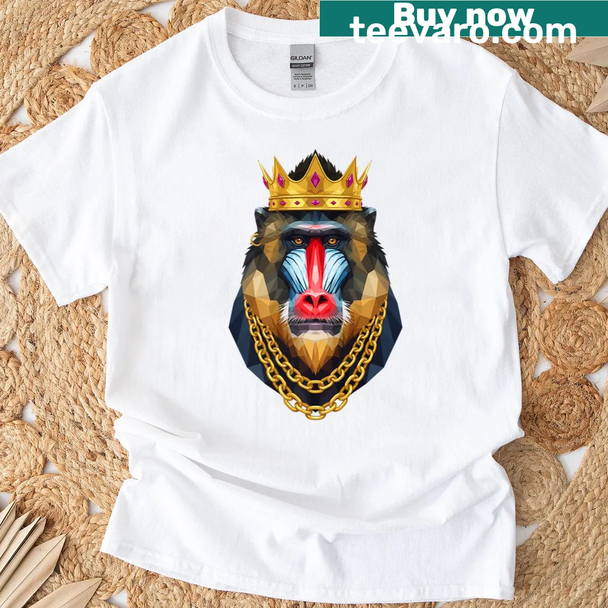 Illustrated mandrill monkey with a crown design — on a men's t-shirt