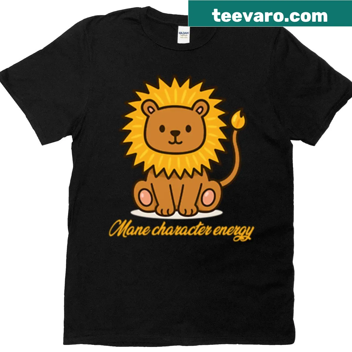 Confident cartoon lion graphic T-shirt design — on a men's t-shirt