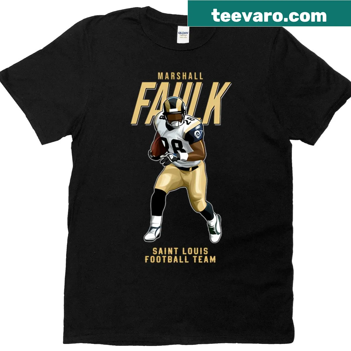 Marshall Faulk St. Louis football team t-shirt featuring number 28 — on a men's t-shirt