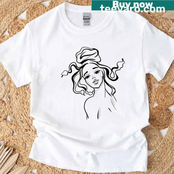 Minimalist cartoon Medusa graphic on a stylish t-shirt