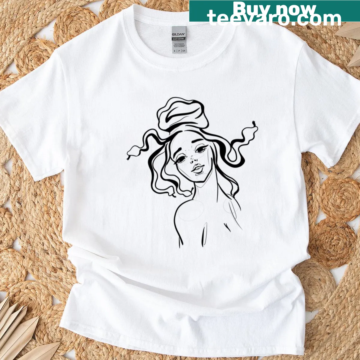 Minimalist cartoon Medusa graphic on a stylish t-shirt — on a men's t-shirt