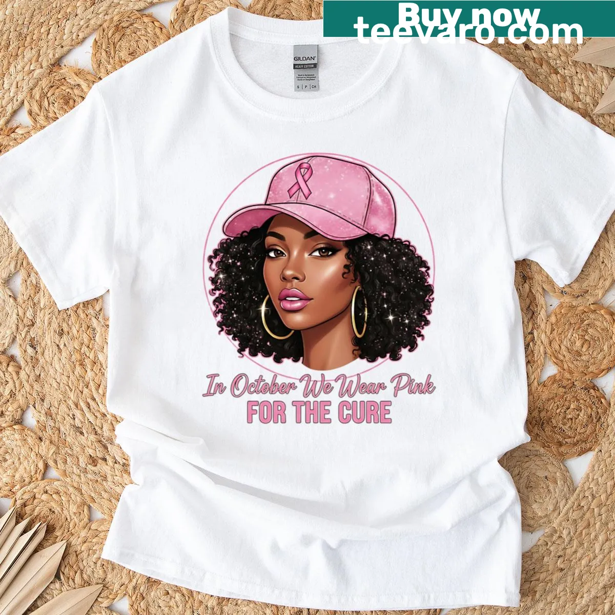 Empowering shirt with a queen in a pink cap promoting breast cancer awareness — on a men's t-shirt
