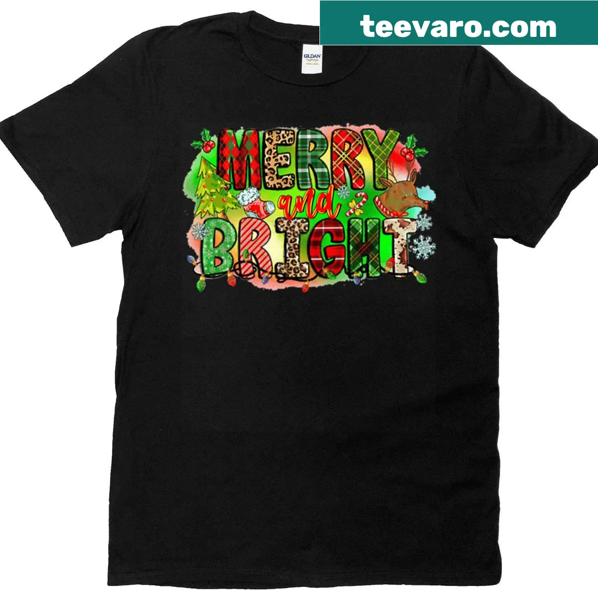 Illustrated T-shirt with Christmas lights and festive patterns — on a men's t-shirt