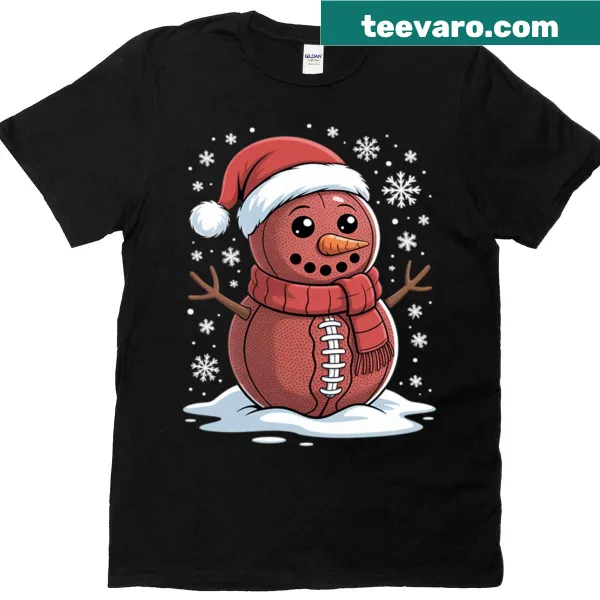 Fun Christmas t-shirt with a snowman in football gear.