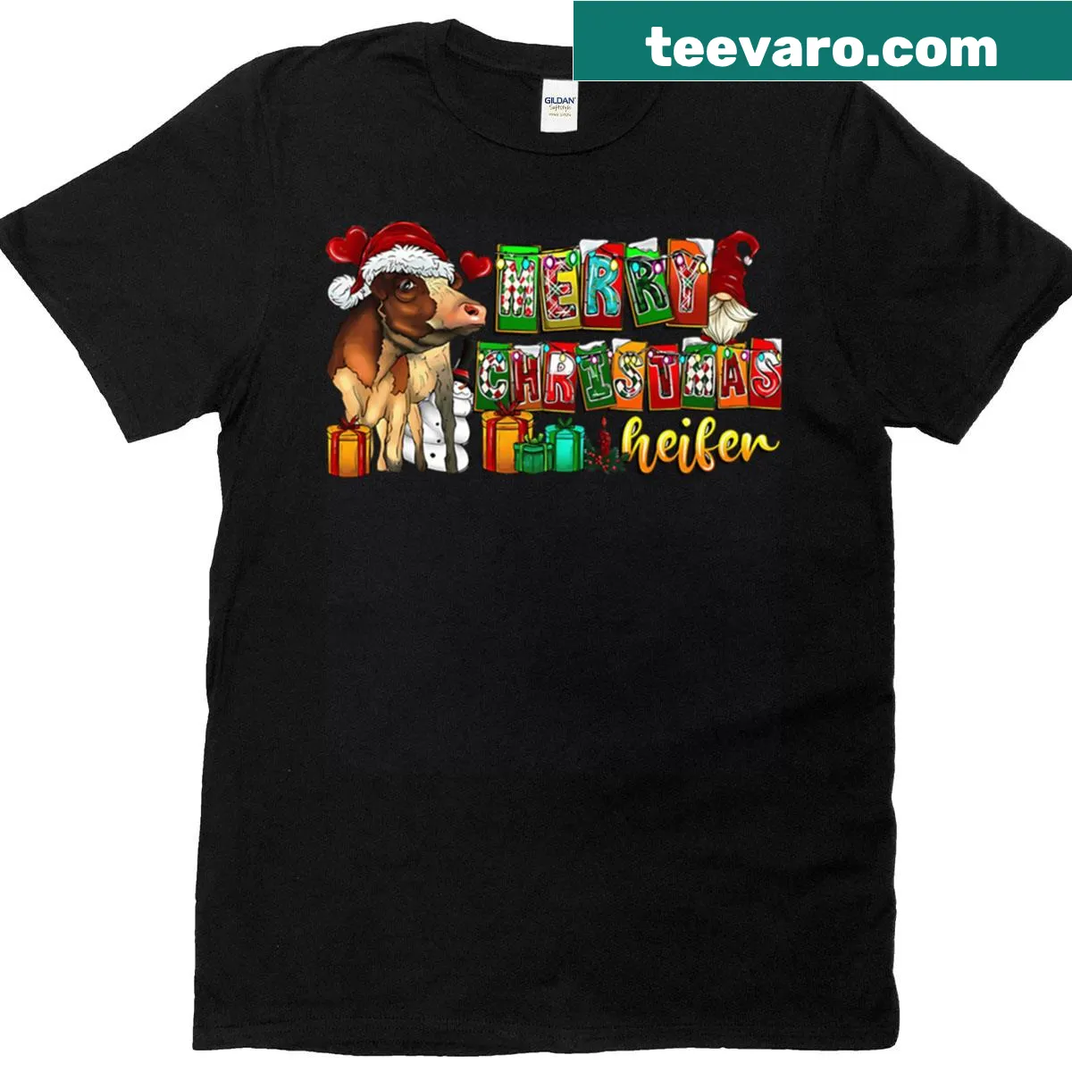 Illustration of a cow in a Santa hat for Christmas — on a men's t-shirt