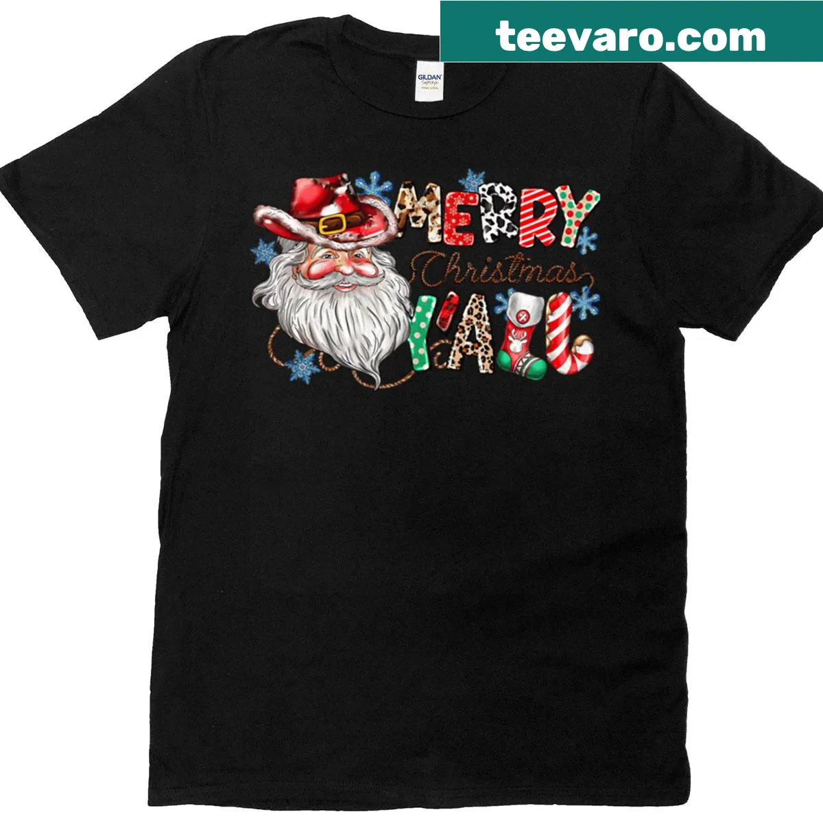 Cartoon Santa in cowboy attire, festive holiday design — on a men's t-shirt