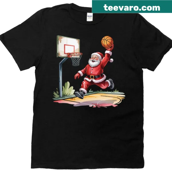 Fun Christmas t-shirt featuring Santa making a slam dunk with a basketball.