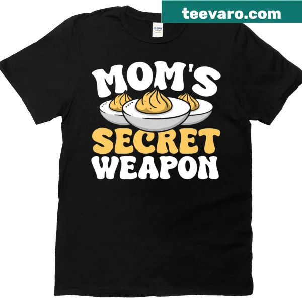 Funny typography T-shirt declaring 'Mom's Secret Weapon' deviled eggs