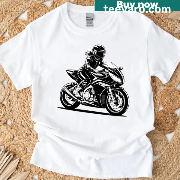 Graphic of a woman on a motorcycle on a casual t-shirt