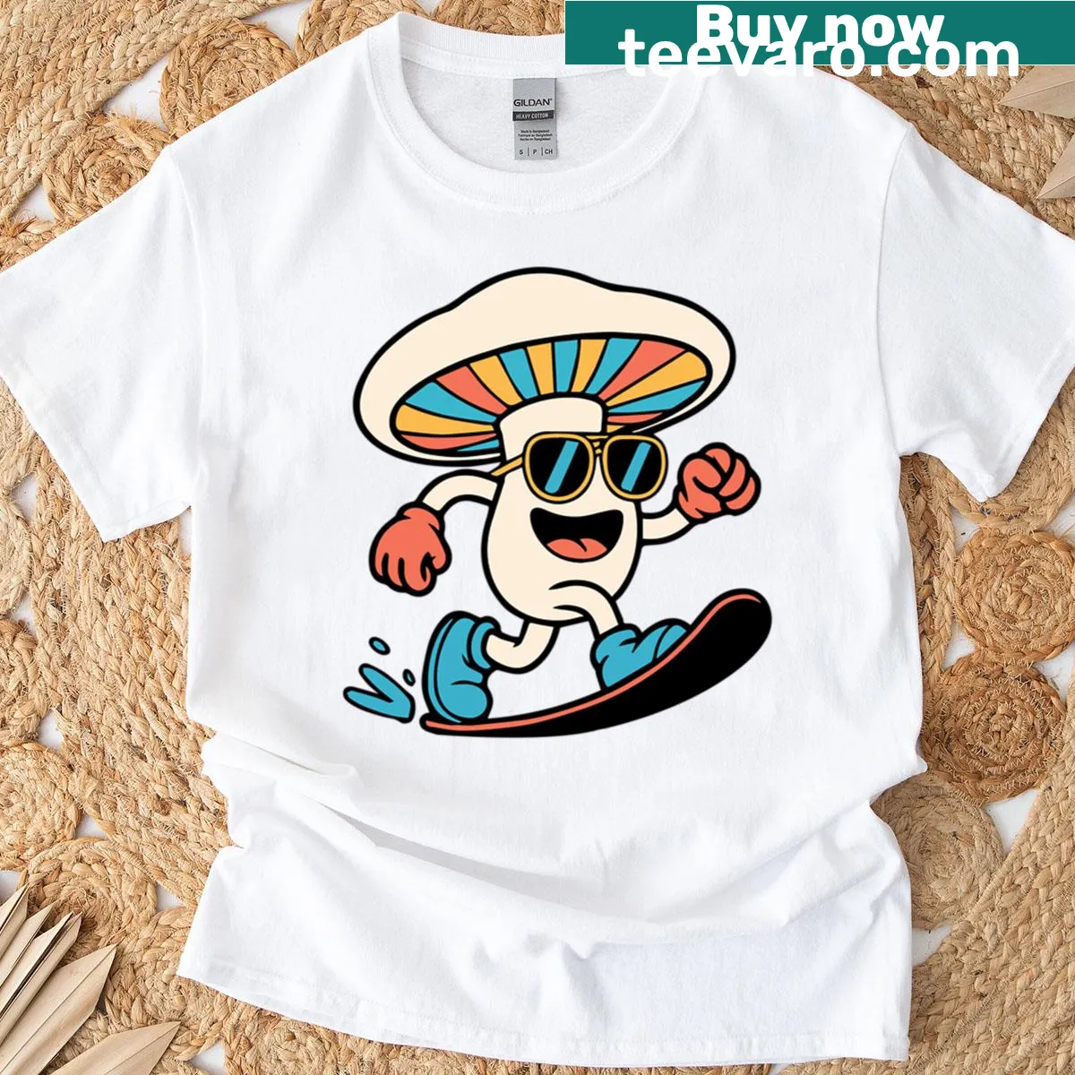 Whimsical snowboarding t-shirt featuring mushroom graphics — on a men's t-shirt