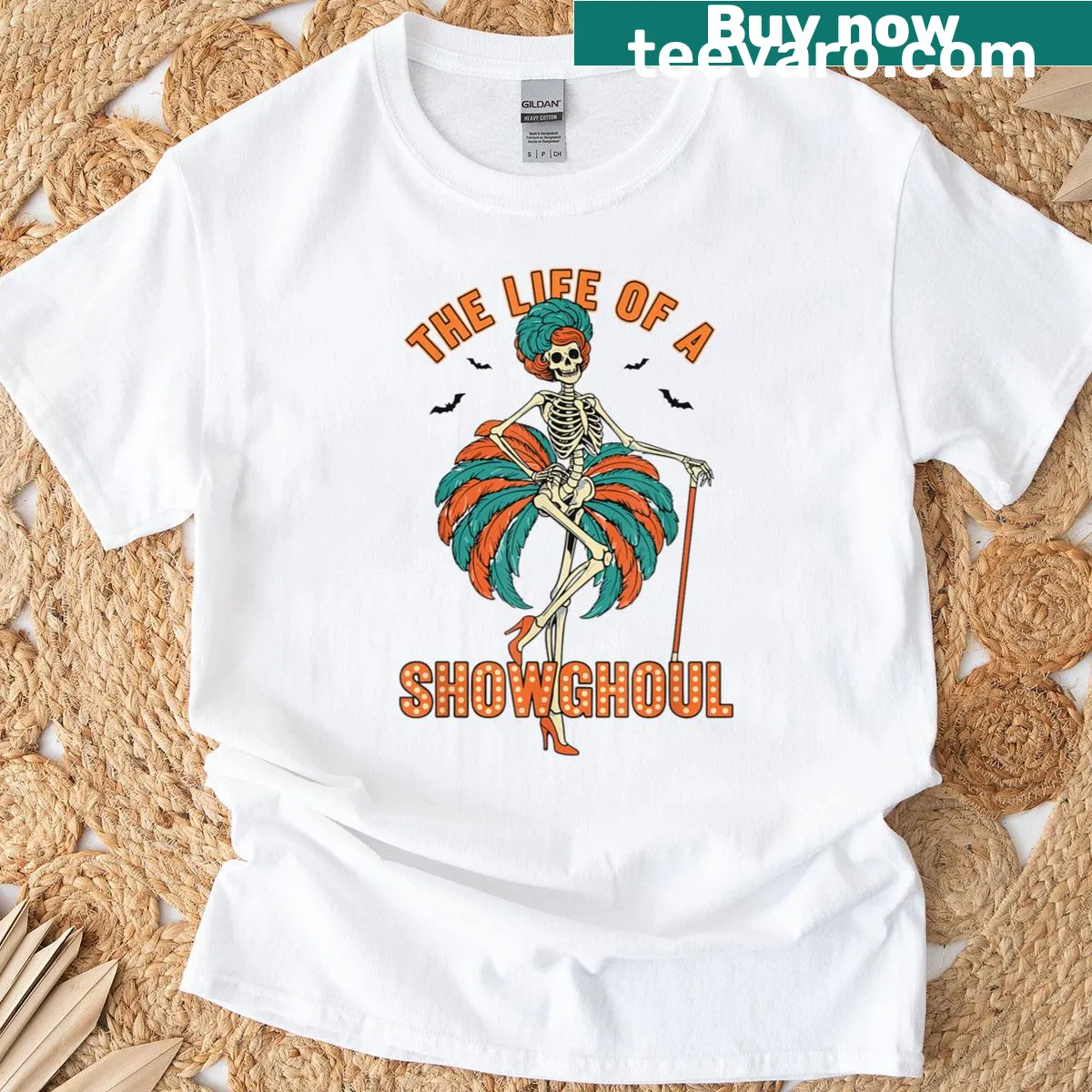 Halloween-themed T-shirt featuring a Showghoul girl illustration — on a men's t-shirt