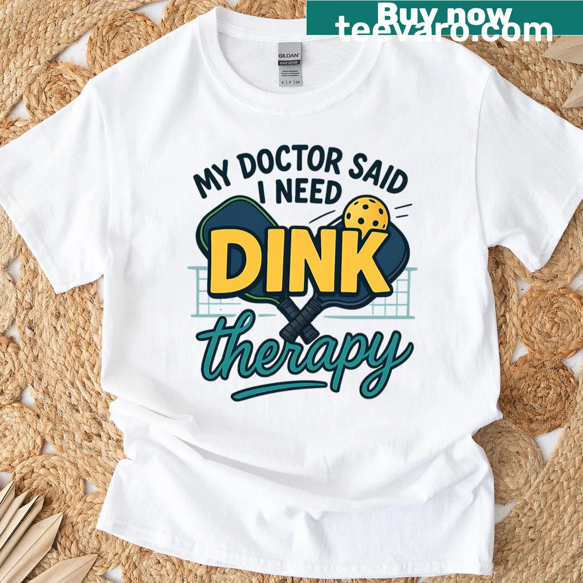 Funny pickleball-themed t-shirt with Dink Therapy text — on a men's t-shirt