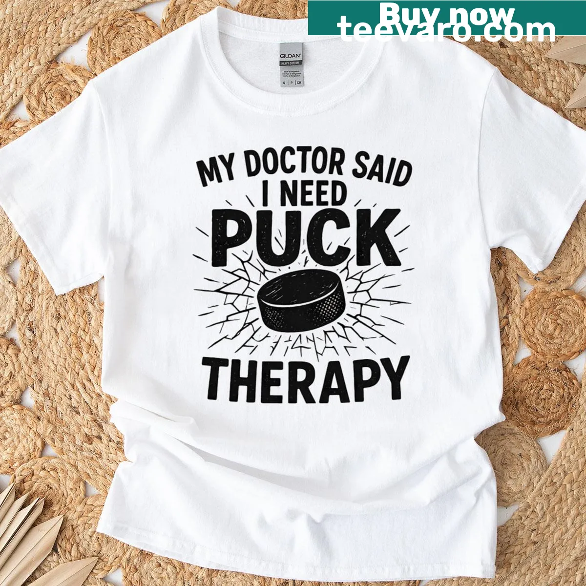 Funny hockey therapy T-shirt with puck graphic — on a men's t-shirt