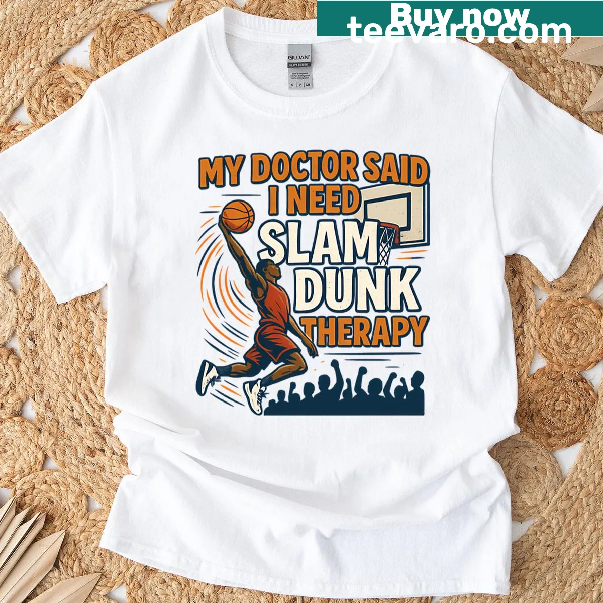 Funny basketball-themed t-shirt with Slam Dunk Therapy text — on a men's t-shirt