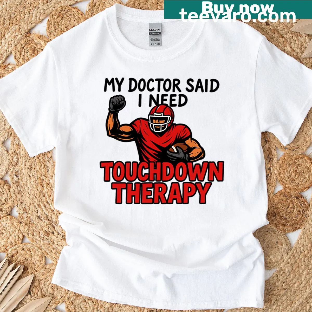 Funny football t-shirt with Touchdown Therapy text — on a men's t-shirt