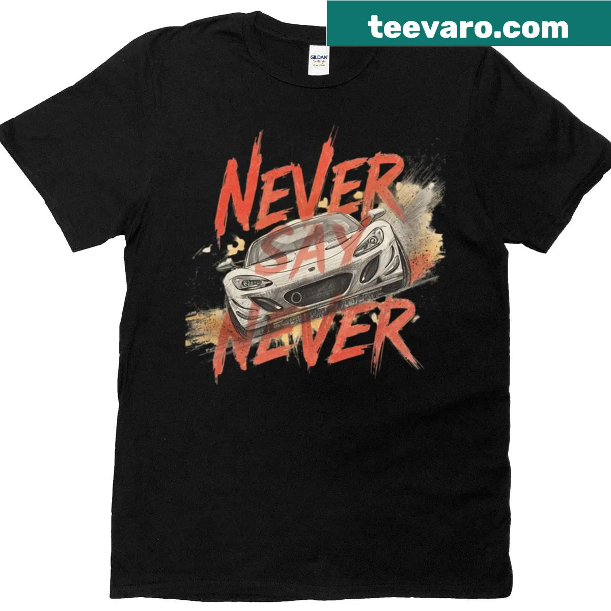 Motivational T-shirt with the phrase 'Never Say Never' for racing fans — on a men's t-shirt