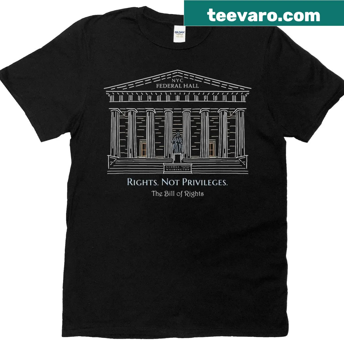 Hand-drawn T-shirt featuring Federal Hall in New York City — on a men's t-shirt