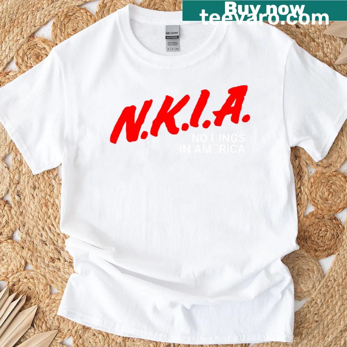 Bold t-shirt with 'No Kings In America' text for patriotic expression — on a men's t-shirt