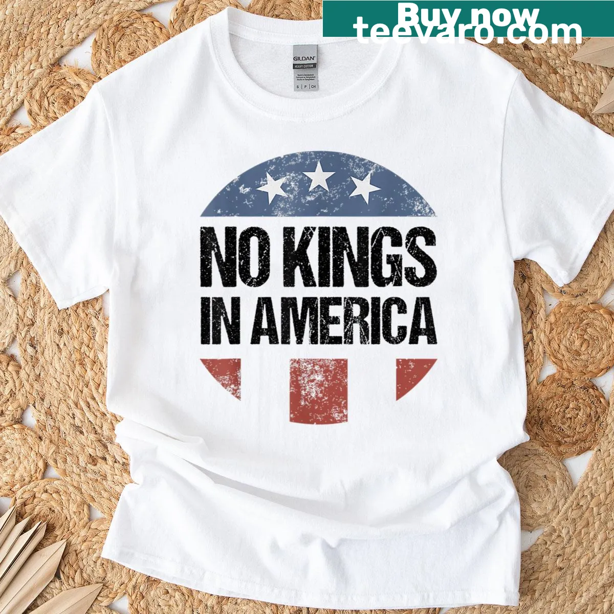 Bold typography shirt stating 'No Kings In America' — on a men's t-shirt