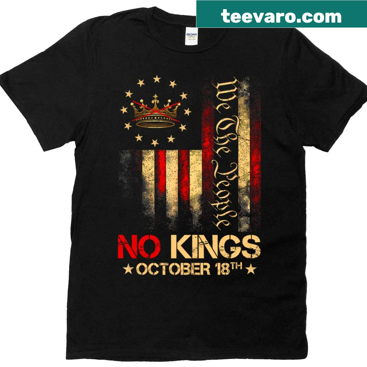 Vintage-style American flag t-shirt with 'No Kings' text — on a men's t-shirt