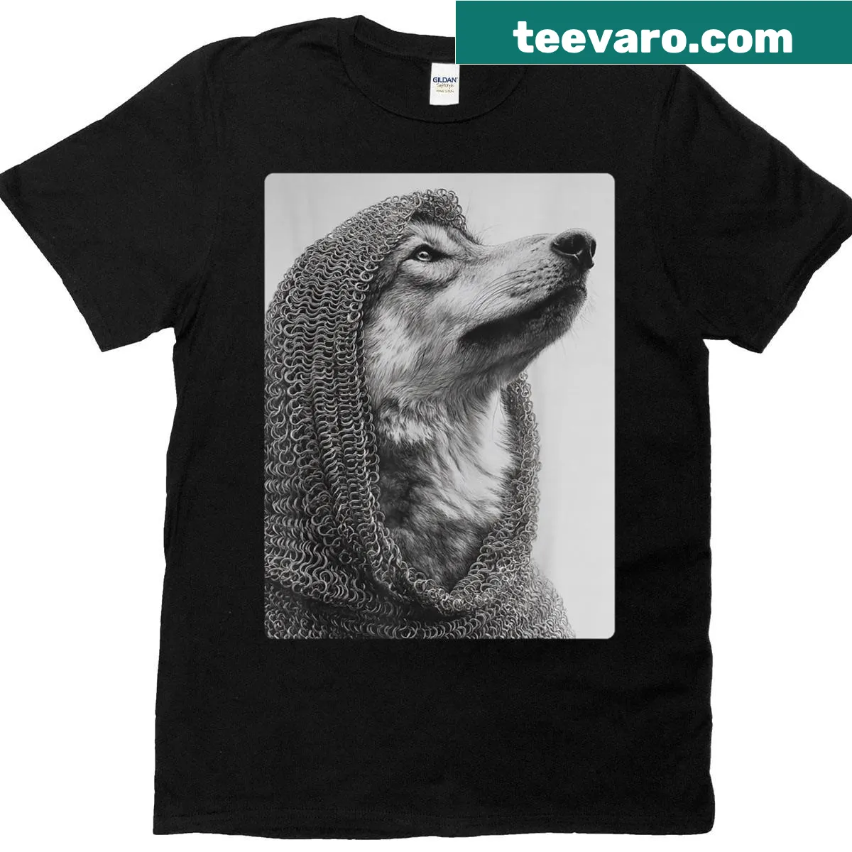 Surreal illustration of a knight wolf in medieval attire — on a men's t-shirt
