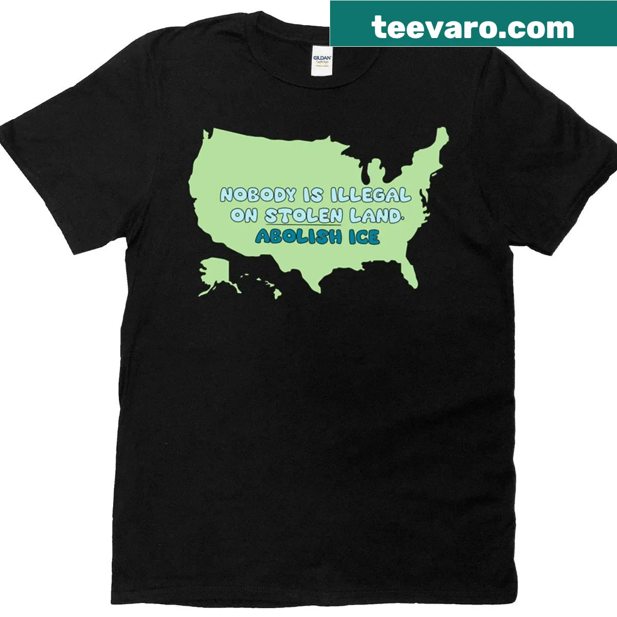 Bold text shirt stating 'Nobody Is Illegal On Stolen Land' — on a men's t-shirt