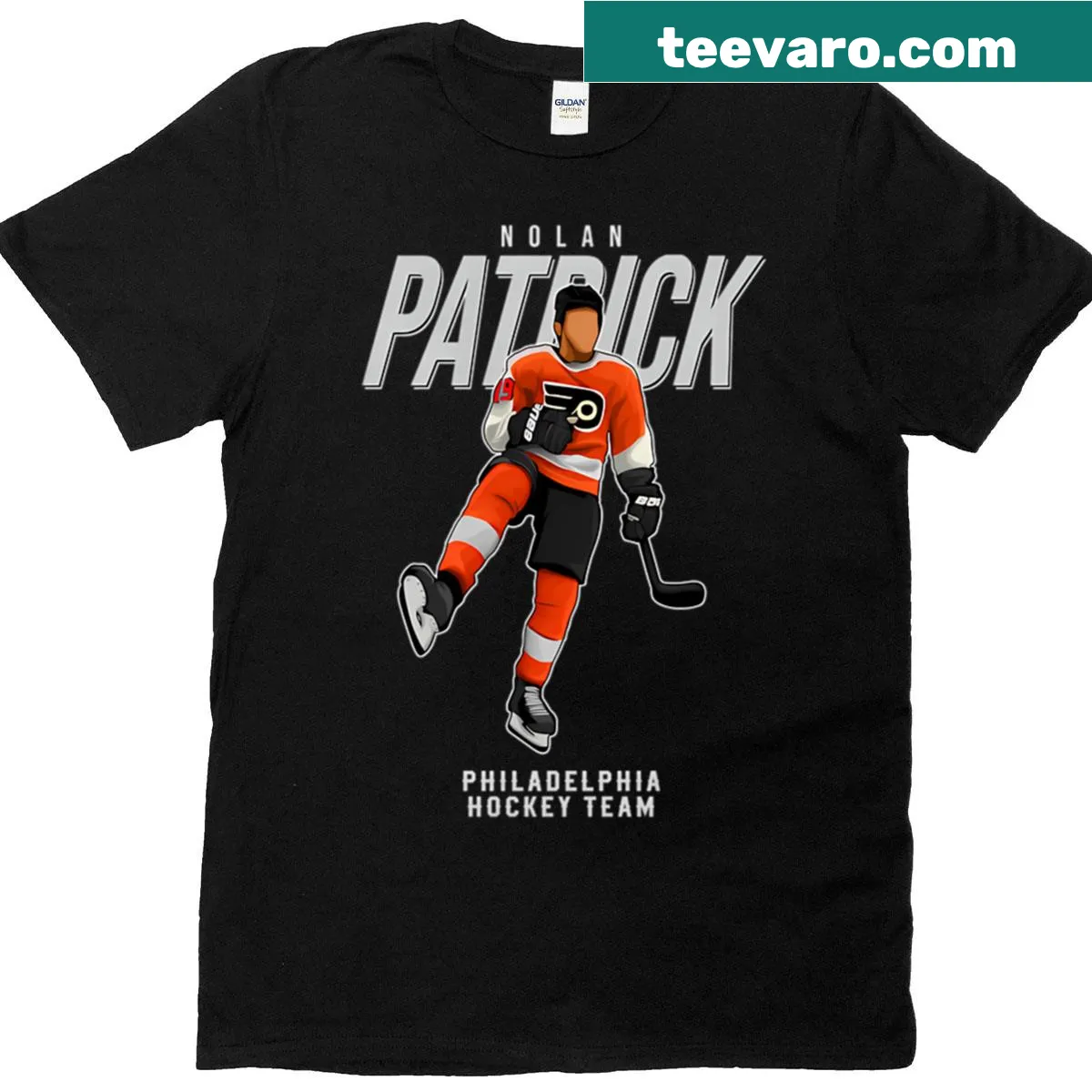 T-shirt featuring Nolan Patrick 19 for Philadelphia hockey fans. — on a men's t-shirt
