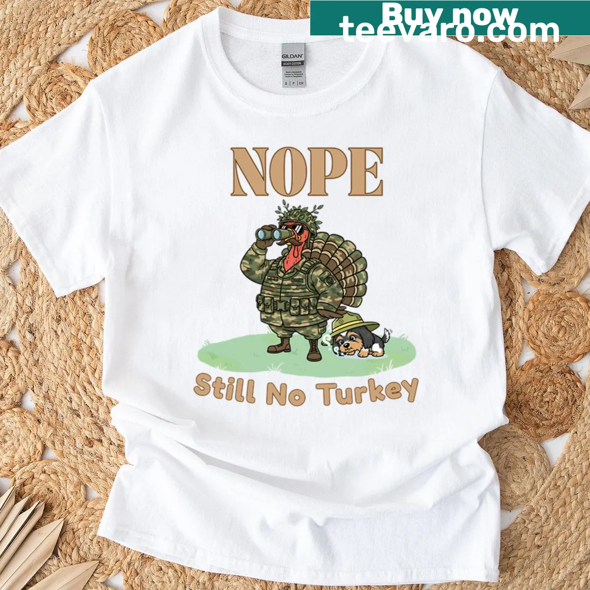 Funny camo shirt with turkey-related humor — on a men's t-shirt