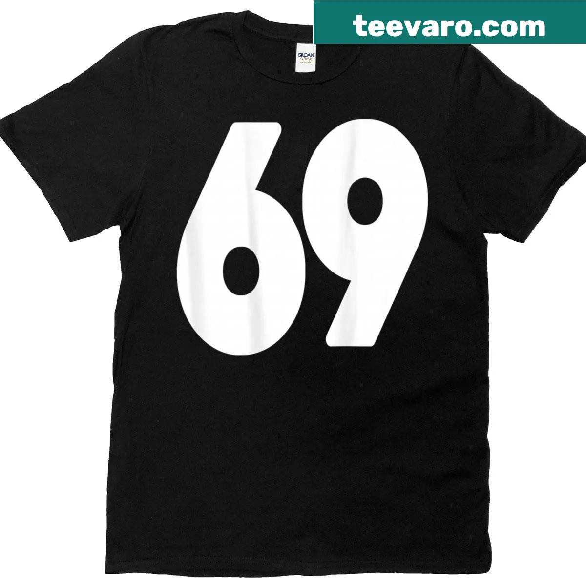Vintage graphic t-shirt featuring number 69 — on a men's t-shirt