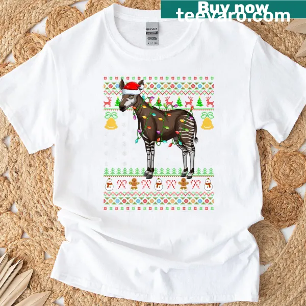 Humorous okapi Santa graphic on a funny Christmas T-shirt