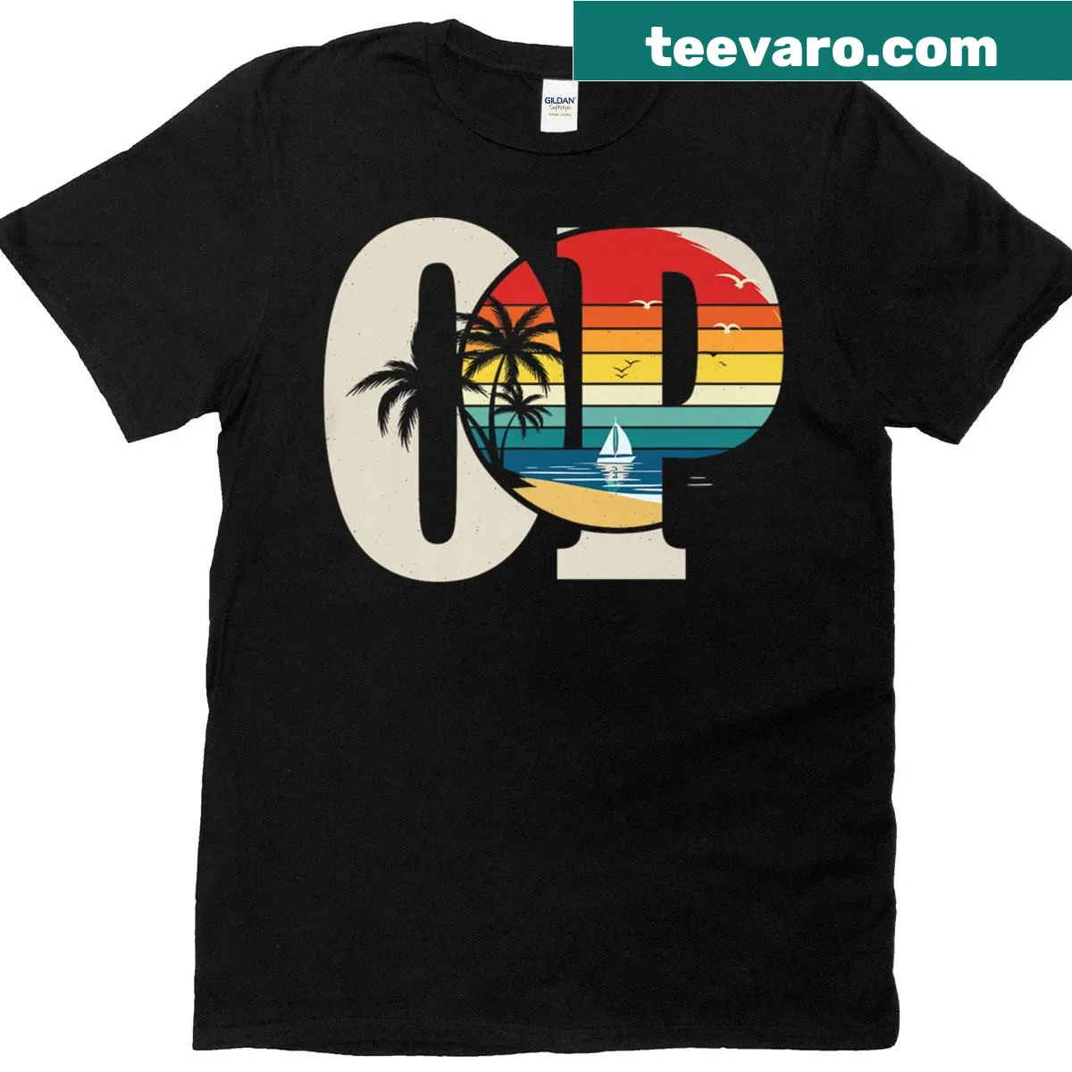 Vintage-style T-shirt with palm trees and beach theme graphic. — on a men's t-shirt