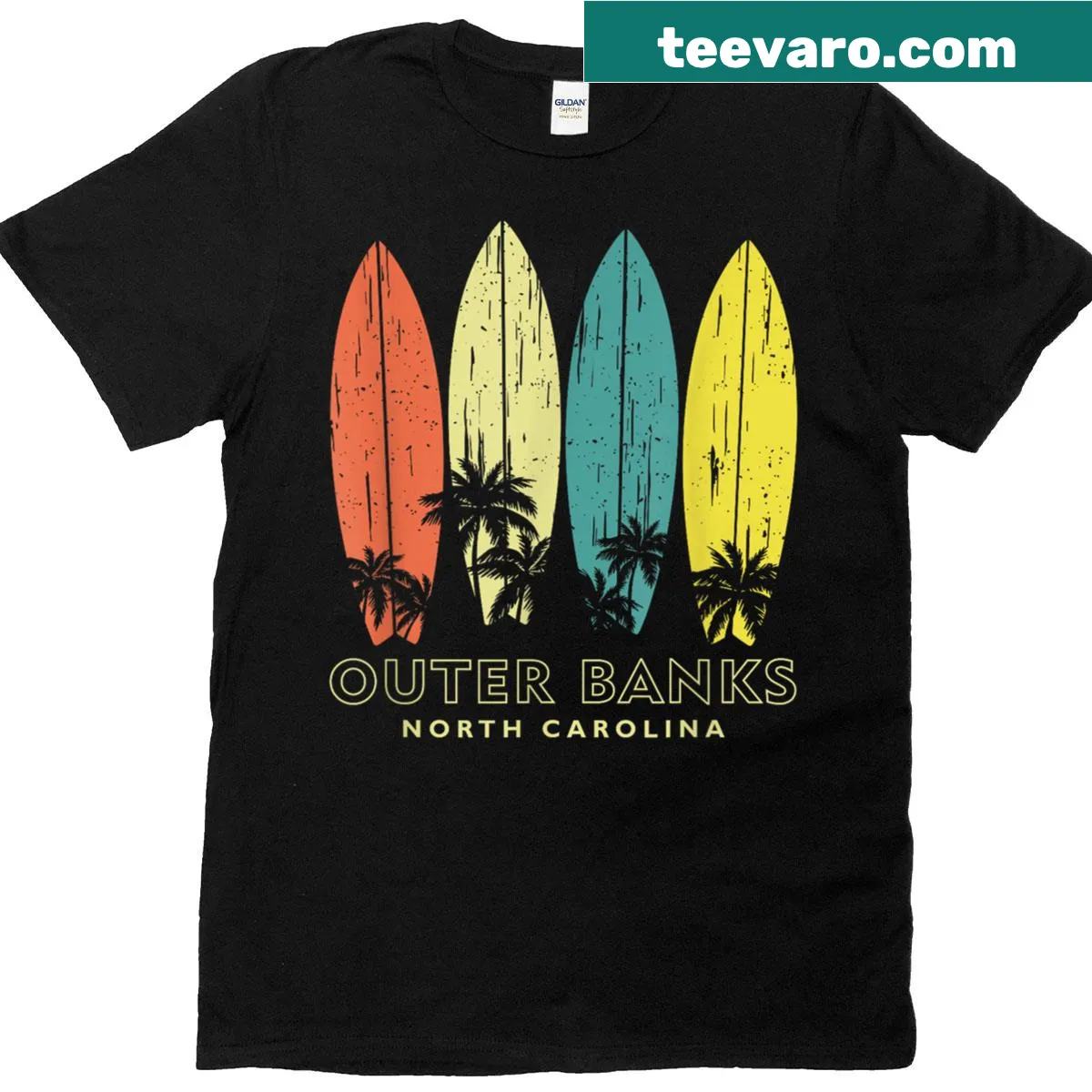 Vintage style OBX T-shirt with palm tree design. — on a men's t-shirt