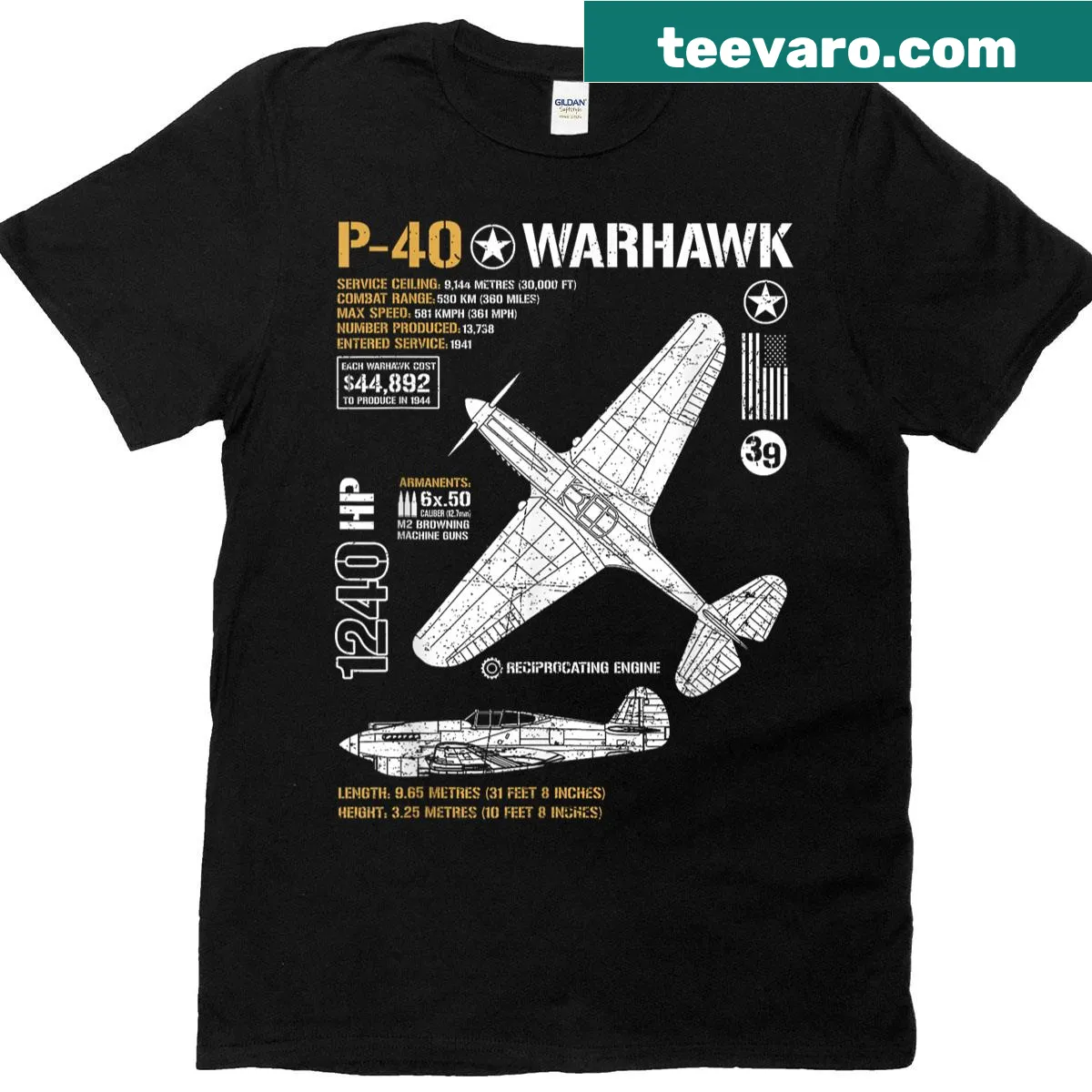 Detailed blueprint design of the P-40 Warhawk fighter aircraft — on a men's t-shirt