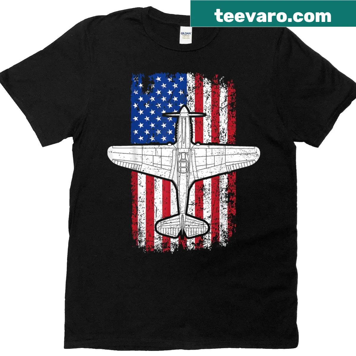 T-shirt featuring P-40 Warhawk aircraft design with USA flag — on a men's t-shirt