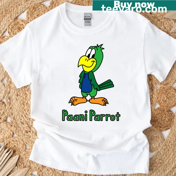 Illustrated parrot design with customizable name on a t-shirt