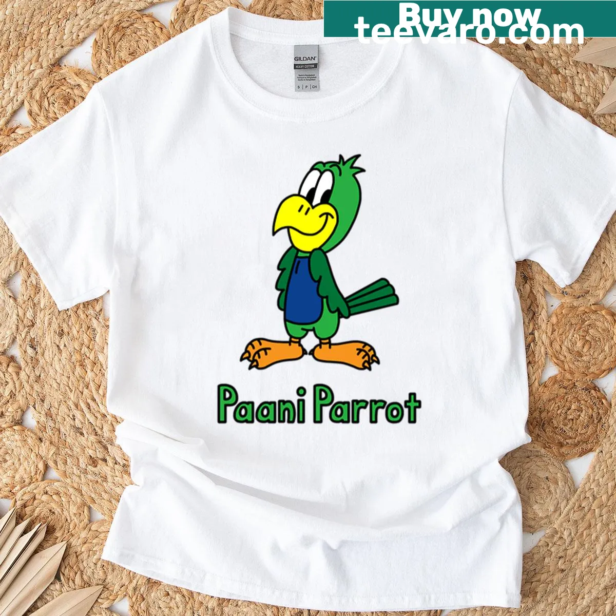 Illustrated parrot design with customizable name on a t-shirt — on a men's t-shirt