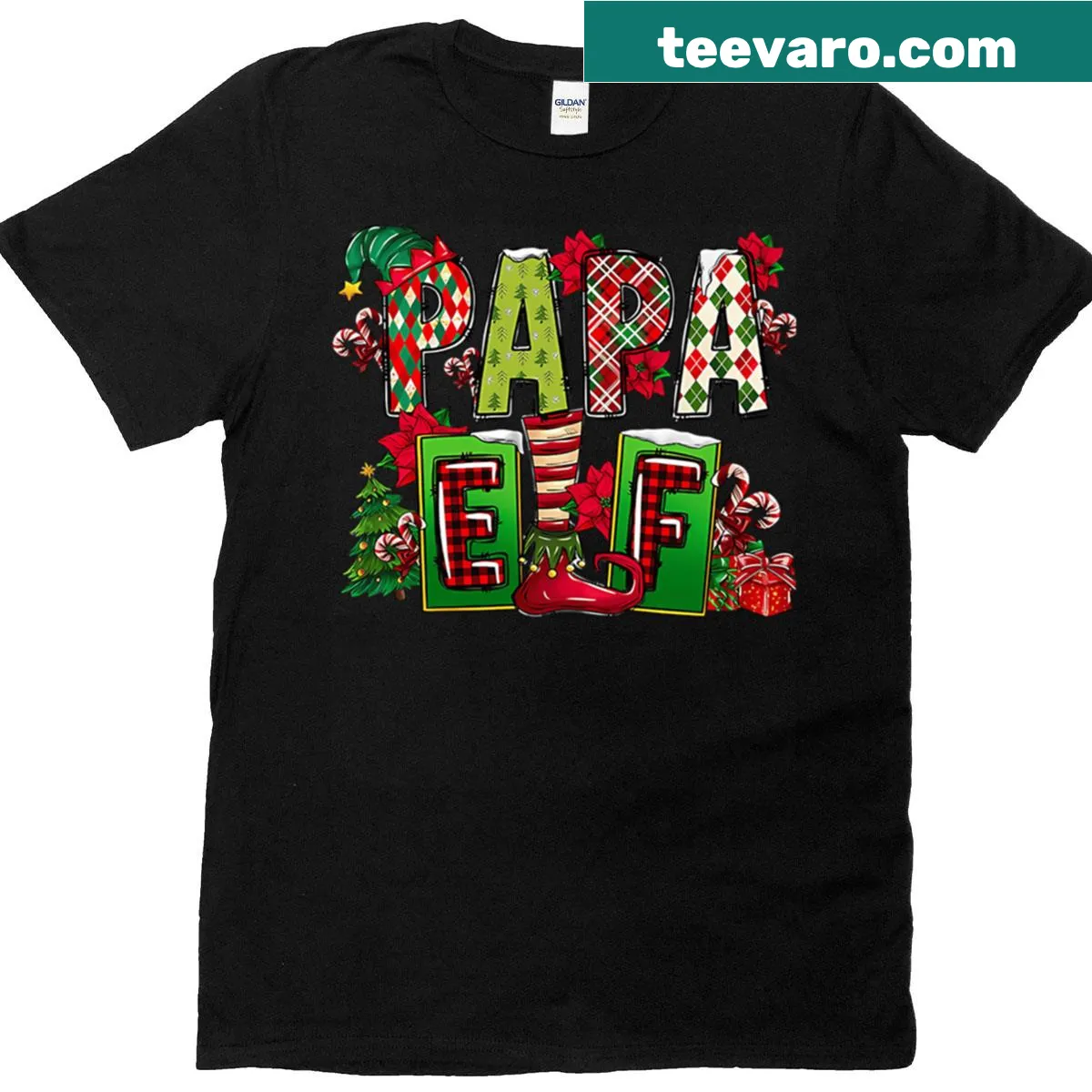 Papa Elf t-shirt design with candy canes, celebrating Christmas — on a men's t-shirt