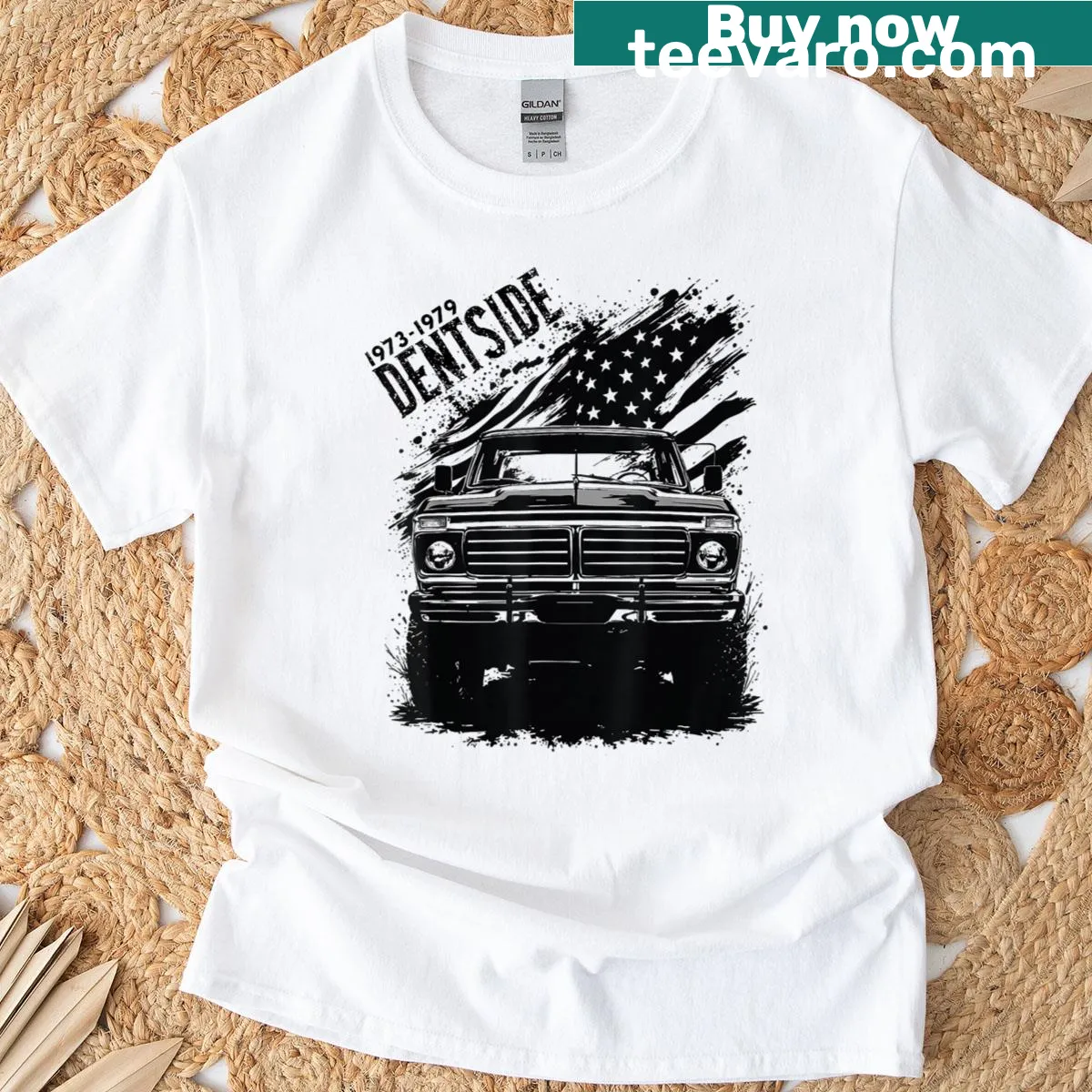 T-shirt featuring vintage Dentside truck design from 1973-1979 — on a men's t-shirt
