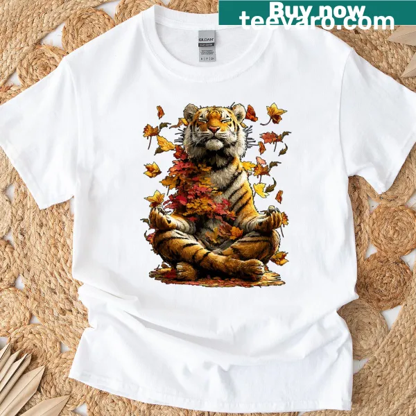 Illustration of a meditating tiger with fall leaves